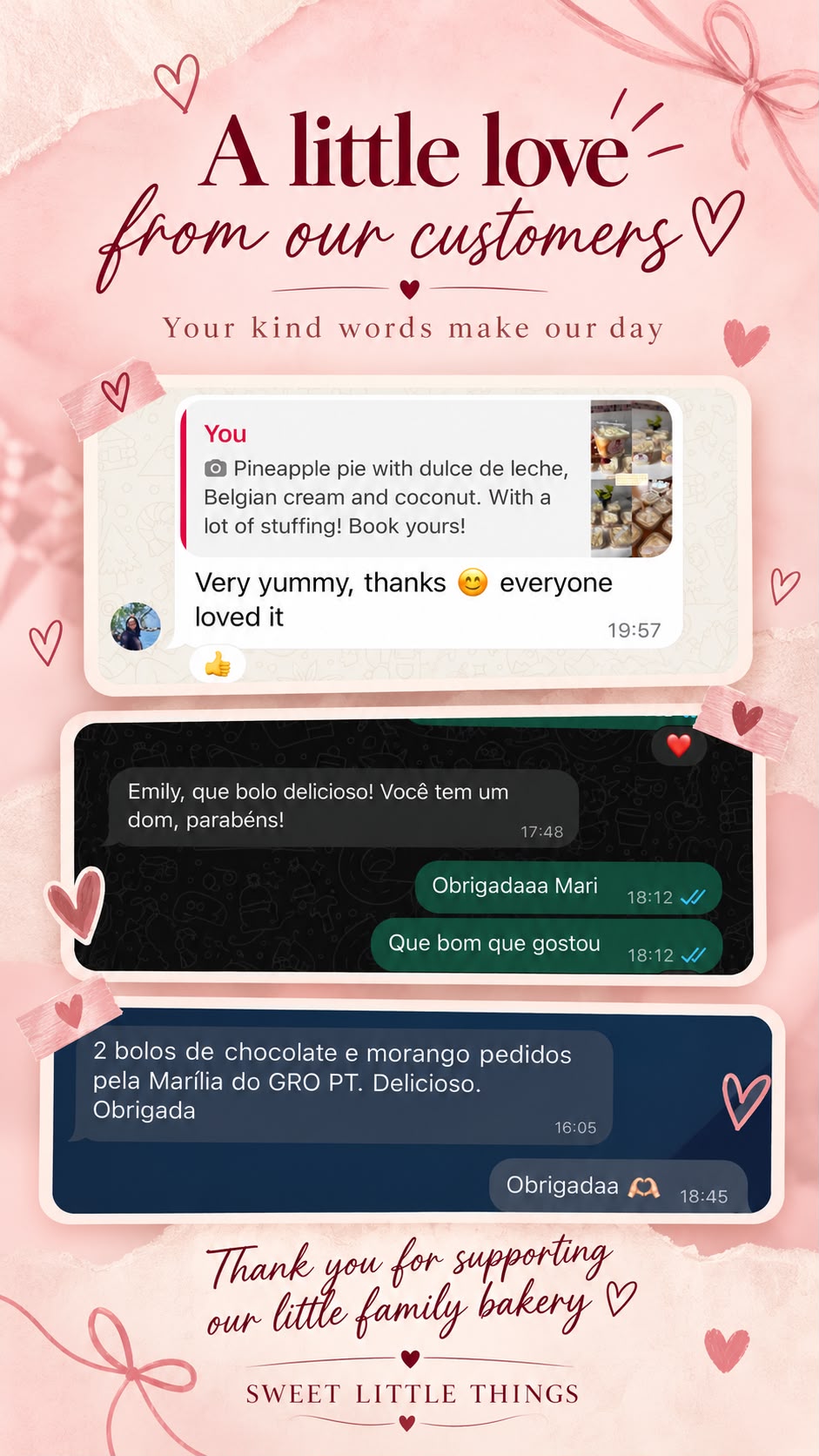 Recadinhos de clientes da Sweet Little elogiando os doces